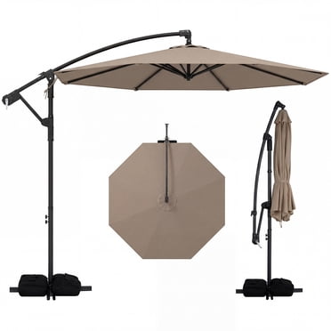 Gymax 10 FT Offset Hanging Umbrella w/ Sandbag Base Patio Cantilever Umbrella 360° Rotation Taupe