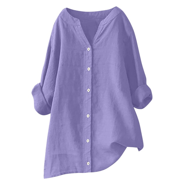 AherBiu Plus Size Tops for Women Cotton Linen Button down Shirts Causal Long Sleeve Fall Loose Fitting Blouses