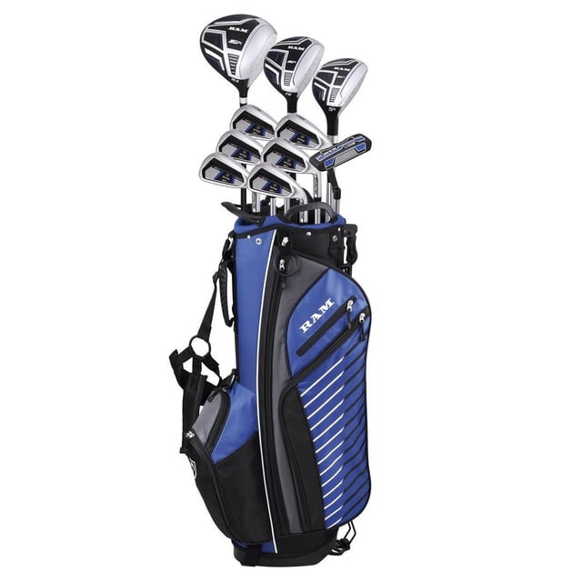 Ram Golf SDX Mens Golf Clubs Set + Bag, Left Hand, Graphite/Steel. Includes a 460cc forged titanium driver with 12.5° loft, 3 wood with 15° loft, 5 hybrid, and 6-SW stainless steel irons with enhanced perimeter weighting. Features a heel and toe weighted putter and a lightweight 9-inch dual strap stand bag with a 7-way organizer top, cooler pocket, rain hood, and multiple storage compartments.