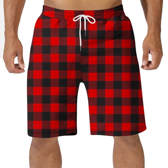 Diufon Men's Casual Shorts Spring Summer Wide Leg Loose Plaid Printed Elastic Waisted Drawstring Sport Shorts