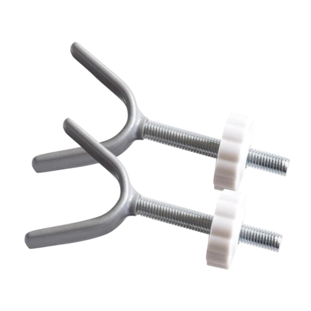 Lipstore 2 Pieces Baby Gate Banister Adapters Parts Gate Spindle Rods for Home Indoor White. Crafted from steel, these Y-shaped adapters are designed for cylindrical surfaces up to 60mm in diameter, ensuring stability for baby or pet gates on staircases. Each adapter measures 12.5cm x 6cm (4.92in x 2.36in) and features a white adjustment knob for secure installation.