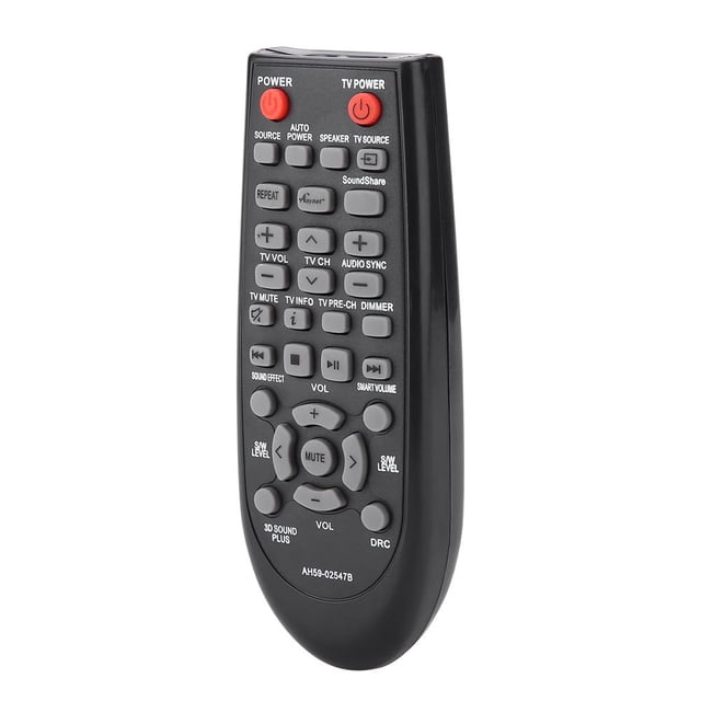Ccdes Replacement Sound Bar Remote Control for Samsung models HWF450ZA, HWF450, PSWF450, and AH68-02644D-00. Black ABS housing with multiple buttons for sound and TV control, including power, volume, mute, and sound effects. Compact design measuring approximately 134 x 48 x 20 mm. Operates with a remote control distance of over 8 meters and requires 2 AAA batteries (not included).