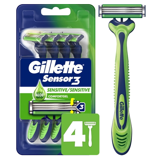 Gillette Sensor3 Sensitive Men's Disposable Razor pack of 4 with green and navy ergonomic non-slip handles, 3 chromium-coated skin-sensing blades, aloe Comfortgel strip, and 40-degree pivoting head for smooth, gentle shaving on sensitive skin.