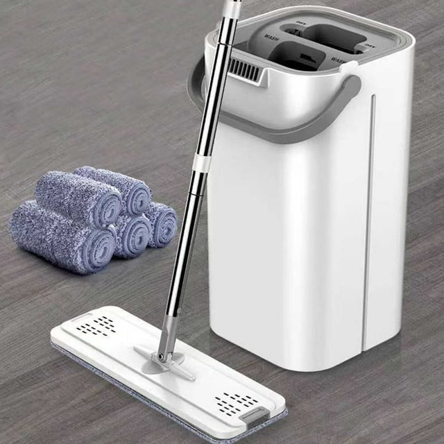 EIGTHTAIL Ensemble de Vadrouille et Seau avec Essoreuse pour Nettoyage de Planchers Humides et Secs Comprend 4 Tampons en Microfibre Réutilisables