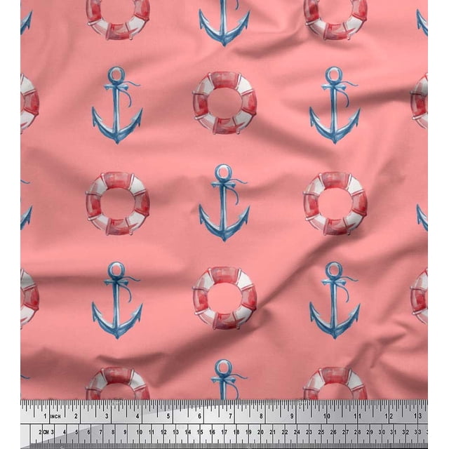 Soimoi Orange Poly Georgette Fabric Life Ring & Anchor Hook Nautical Printed Fabric 1 Yard 52 Inch Wide