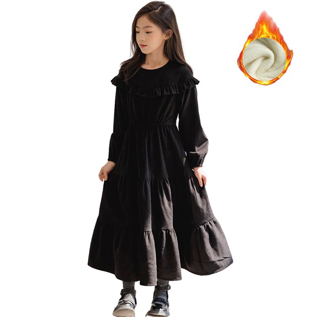 Qudderr Robes en Polaire pour Adolescentes Filles Décontractées en Velours Côtelé Robe Évasée Col Rond Manches Longues Princesse pour 5-14 Ans