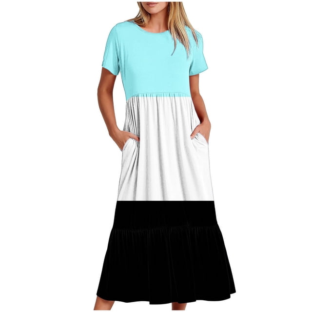 Tumotour Robe d'Été pour Femmes, Imprimée, Ample, Décontractée, à Manches Courtes, Col Ras du Cou, Ligne A, Évasée, Fluide, à Étages, Chemise, Maxi, Plage, Longue, 2025, Tenues Tendance avec Poches