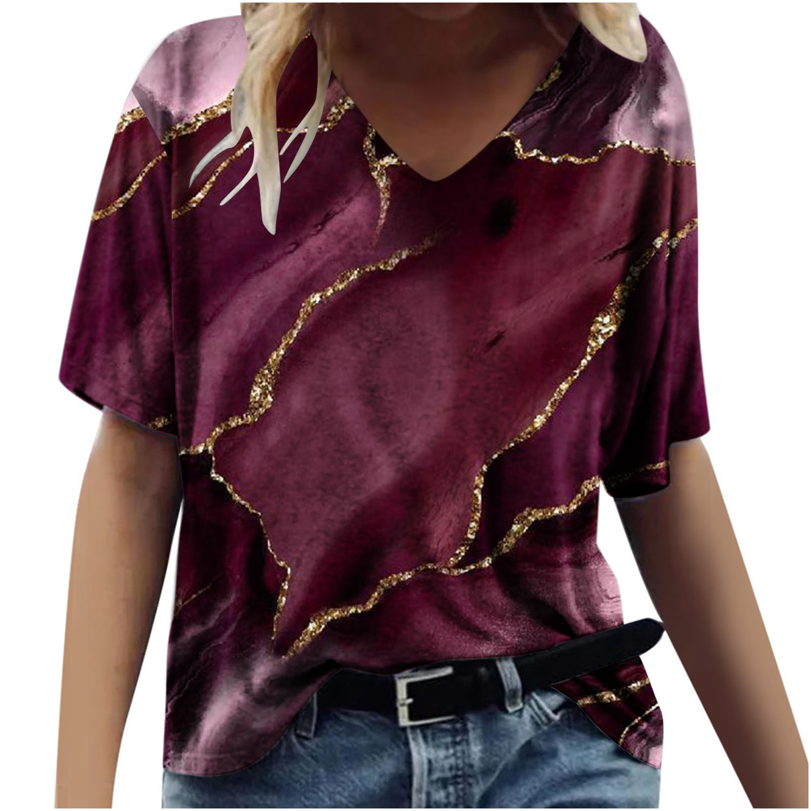 T-shirt Ample Décontracté à Col en V à Manches Courtes pour Femmes avec Imprimé
