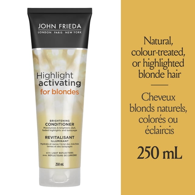 John Frieda Highlight Activating Brightening Conditioner for Restoring Faded Blonde Hair, 250 mL tube with black flip cap and gold gradient design, moisturizes and brightens dull, faded highlights on natural, colour-treated, or highlighted blonde hair.
