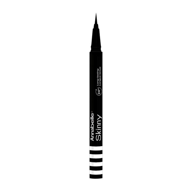 Annabelle Skinny Multi-Use Liquid Liner, Black, shown upright with a fine brush tip and black cylindrical body featuring white text and stripes, delivering a highly pigmented, long-lasting formula for precise eye and body makeup application.