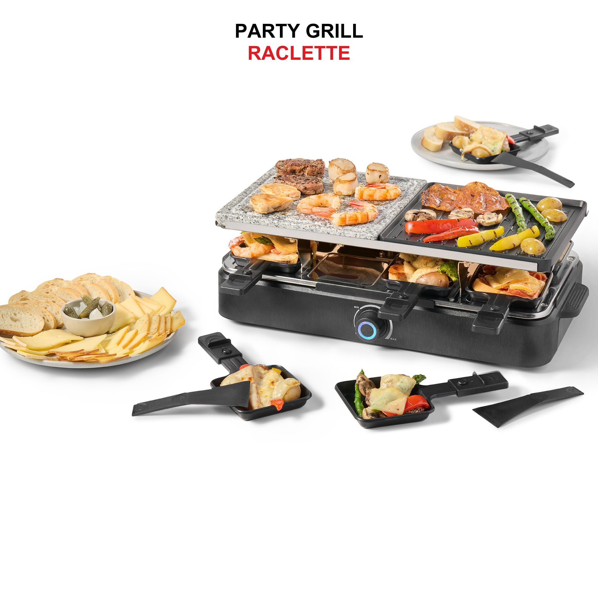 Starfrit 8-Person Raclette Party Grill, 2-in-1 Die-Cast Aluminum & Cooking Stone, Adjustable Temperature, 8 Spatulas & Dishes, 1300W, Hand Wash, Black