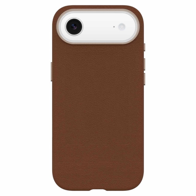 OtterBox Symmetry Cactus Leather MagSafe Case w/Camera Control Dessert Saddle (Brown) for iPhone Air shown from the back with brown cactus-based leather texture, metal buttons, and a metal camera crown. The slim, pocket-friendly case includes MagSafe magnets, felt interior backing, and offers triple military-grade drop protection, ideal for sustainable, durable iPhone protection.
