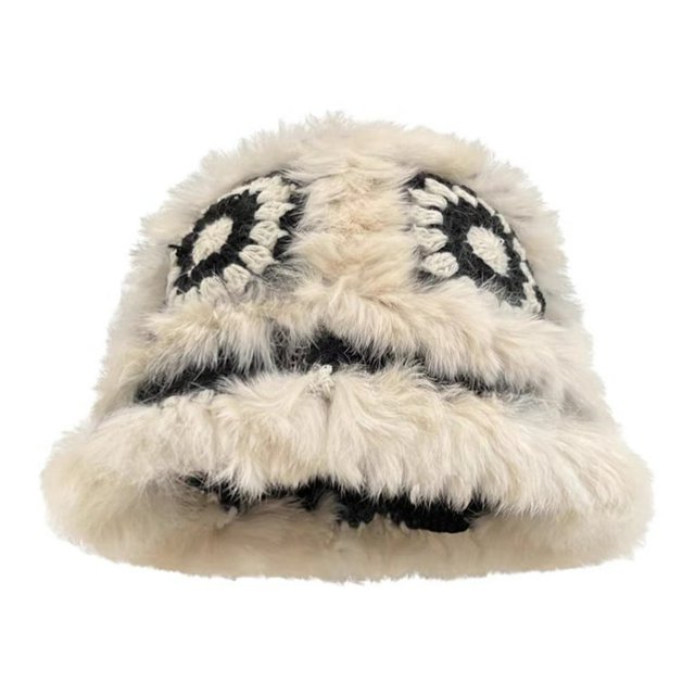 Women Bucket Hat Keep Warm Handmade Trendy Openwork Plush Bucket Hat