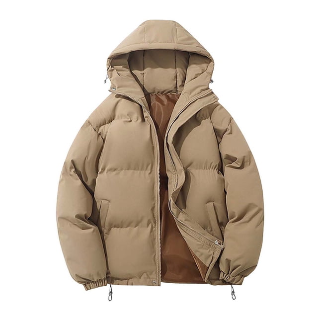 Kcodviy Mens Outdoor Coat, a long sleeve puffy down jacket with turn-down collar and solid beige color. Features include a front zipper, hood, and two side pockets. Ideal for autumn and winter, this men's plus size winter coat provides warmth and comfort for outdoor activities.