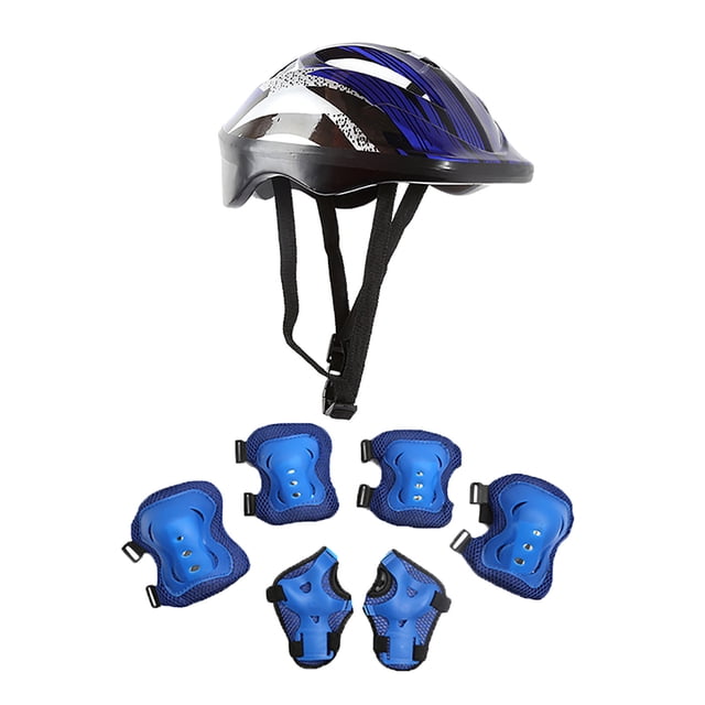 LSLJS Ensemble de 7 Pcs pour Patinage pour Enfants Protective Gear Incluant un Casque de Vélo Bleu pour Enfants avec Sangle de Menton Ajustable et Cadran de Rotation, Assorti à des Genouillères Bleues, des Protège-Coudes et des Protège-Mains. Fabriqué en ABS et une Éponge Respirante pour le Confort et la protection, Convient aux Enfants de 5 à 12 Ans. Parfait pour le Vélo, le Planche à Roulettes, le Patinage à Roulettes et Autres Activités.