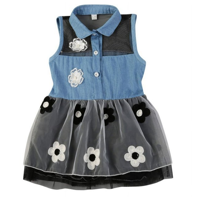 Été Enfants Bébé Fille Tenues Denim Sans Manches Tutu Robe Bambin Filles Partie Fleur Tulle Taille Robes 2-8Y