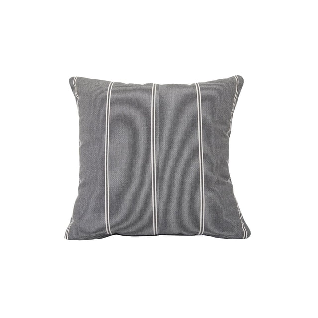 Sunbrella Toss Cushion, square 20 x 20 x 5 inches, made with grey Sunbrella fabric featuring vertical white stripes and filled with 100% polyester. This outdoor cushion resists mildew and UV fading, dries quickly, and is ideal for patio seating and decor.