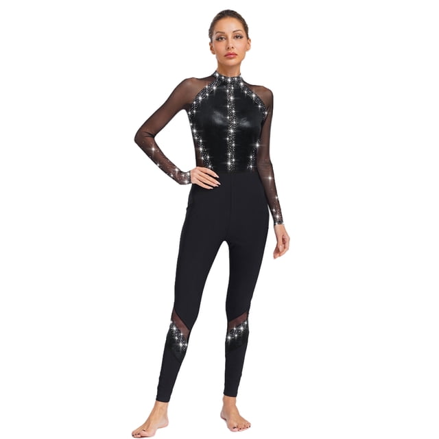 Jizyo Women's Long Sleeve Dance Unitard Shiny Rhinestone Full Body Suits One Piece Jumpsuits Black L