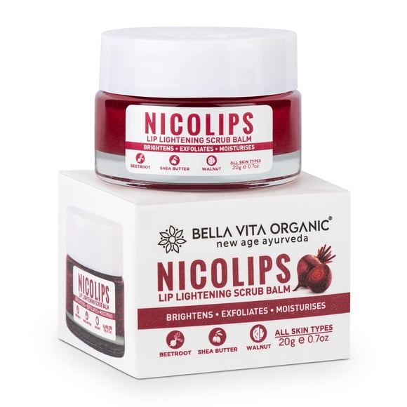 Bella Vita Baume Exfoliant pour les Lèvres Biologique NicoLips Éclaircissant et Illuminateur Lèvres Foncées pour Hommes et Femmes Lèvres Sèches / Fumeur / Lèvres Gercées et Rouge à Lèvres Élimination des Taches Soin des Lèvres, 20 g