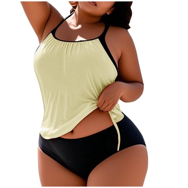 FAVIPT Drawstring Tankini for Women 2 Piece Tummy Control Bathing Suit Ruched Tropical Beach Comfy Swimsuts 2026 Beige,XL