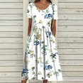 thumbnail image 1 of Robes Midi pour Femmes Été Décontracté Ample Boho Imprimé Floral Col Rond Manches Courtes Longueur Genou Robe Froncée avec Poches, 1 of 5