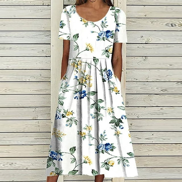 Robes Midi pour Femmes Été Décontracté Ample Boho Imprimé Floral Col Rond Manches Courtes Longueur Genou Robe Froncée avec Poches