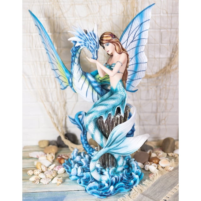 Large Nautical Blue Mermaid Feeding Leviathan Ocean Dragon Fairy Pixie Statue