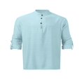 thumbnail image 2 of Men‘s Henley Shirt  Solid Color Long Sleeve Stand Collar Button-Down Loose Simple Linen Beach Tops, 2 of 4