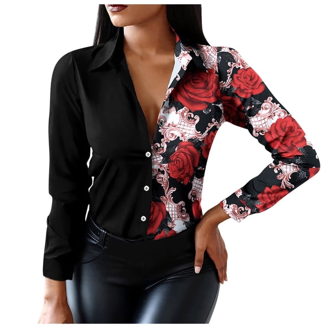 Women Blouses Short Sleeve Long Sleeve Shirts for Women Button Down V-Neck Floral Graphic Contrast Color Novelty Fall Blouses Fall Shirts Women Graphic Long Sleeve Blouses for Women