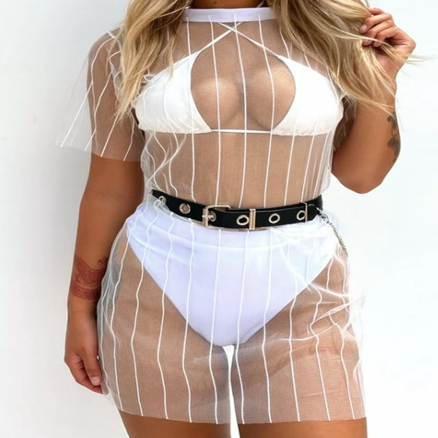 Robe de Plage pour Femmes en Maille Transparente à Rayures Transparentes à Manches Courtes, Cache-Maillot, Blanche G