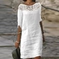 thumbnail image 2 of Robes pour Femmes en Coton et Lin Blanc à Manches Courtes, Dentelle Florale au Crochet, Robe T-Shirt d'Été Décontractée, Tunique Ample, Robe Droite, 2 of 6