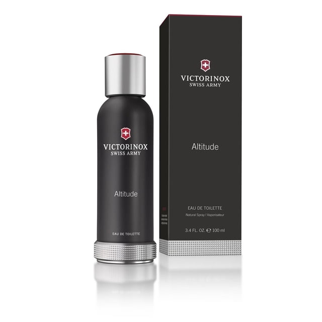 Victorinox Swiss Army Altitude Eau de Toilette men's cologne bottle and box in a front view, featuring a matte black cylindrical bottle with a silver textured base and cap, red and white Victorinox logo, and a matching black box with silver textured bottom edge, labeled 3.4 fl. oz. 100 ml natural spray with fresh cedar and pine notes.