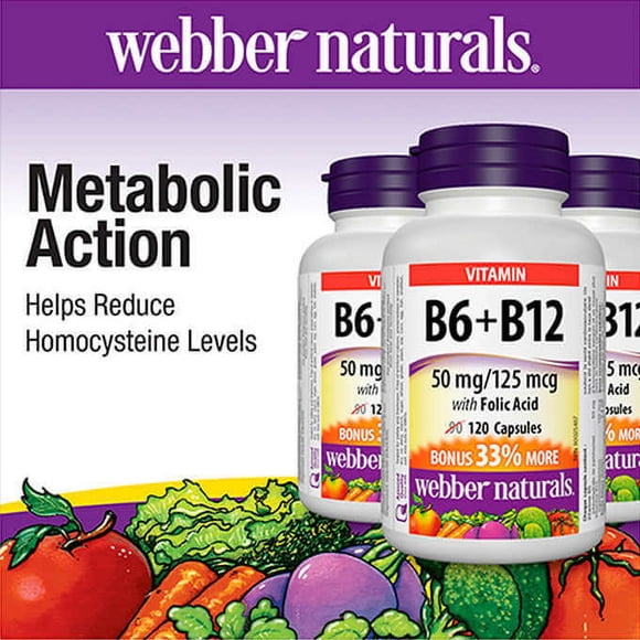 Webber Naturals B6, B12 avec Acide Folique - 3 x 120 Capsules / Soutien du Complexe de Vitamine B