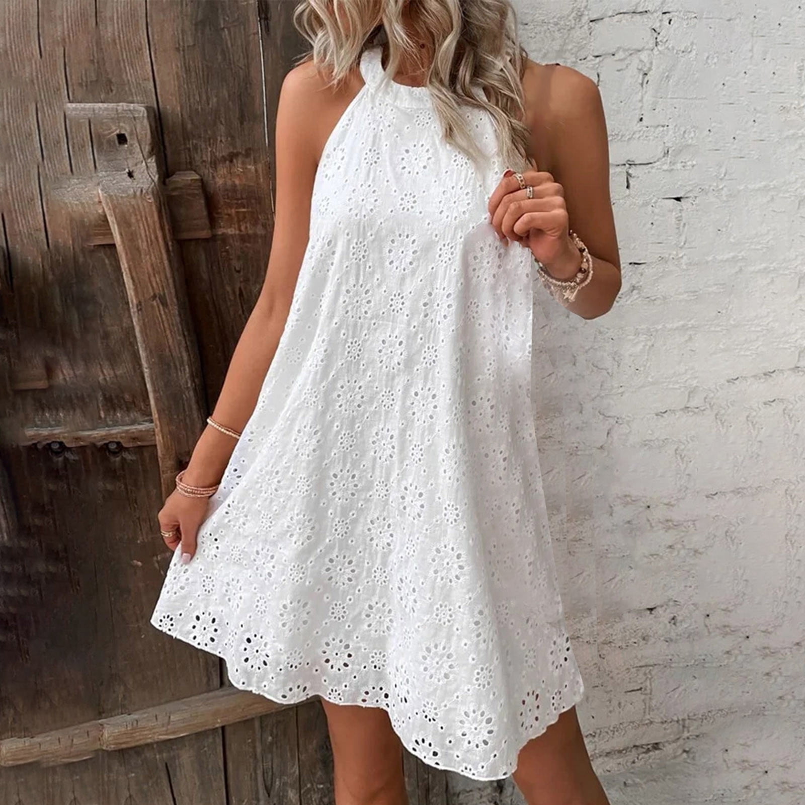 Aboser Women Summer Casual Swing Tank Dress Beach Cover up Eyelet Embroidered Plain Sundress Flowy Sleeveless White Dresses A-Line Dress