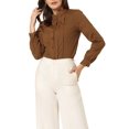 thumbnail image 1 of INSPIRE CHIC Women's Mock Neck Lace Button Up Ruffled Long Sleeve Shirt Blouse Brown S, 1 of 4