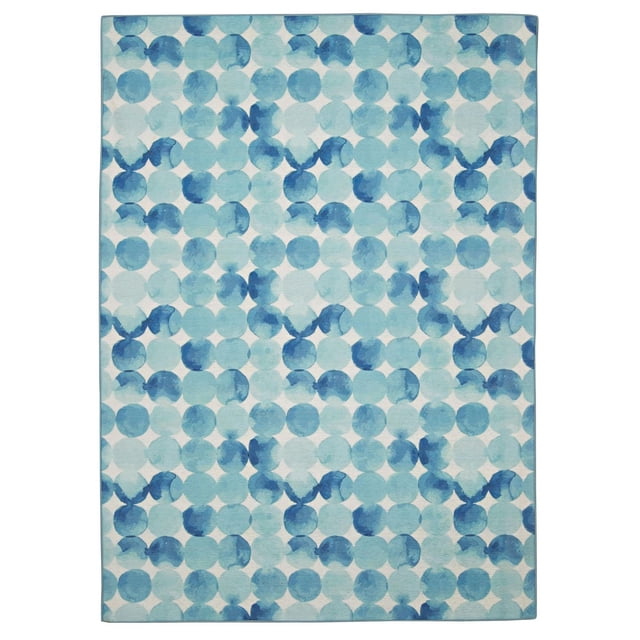 Outdoor Washable Lakeland Blue & Ivory 5' x 7' Area Rug with a flat weave featuring watercolor-style blue circles on an ivory background, UV fade resistant and machine washable with a breathable quick-dry interior and non-slip backing, ideal for indoor or outdoor high traffic areas.