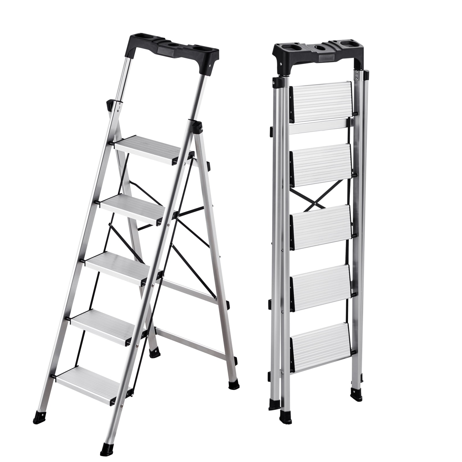 KFFKFF 5 Step Ladder, Folding Step Stool with Wide Anti-Slip Pedal and Comfort Handgrip, 330 lbs Capacity Portable Aluminum Stepladder, Multi-Use for Kitchen, Silver