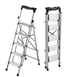 KFFKFF 5 Tabouret pas pliant avec large pédale antidérapante et poignée de confort, 330 lbs Capacité Portable en Aluminium Stepladder, Multi-Use pour la cuisine, Argent