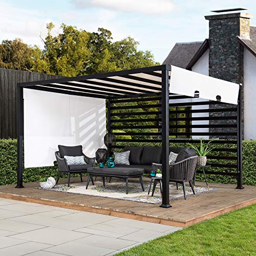 Sunjoy Pergola de jardin métallique moderne 10 x 12 pi avec toit réglable blanc et mur de confidentialité.