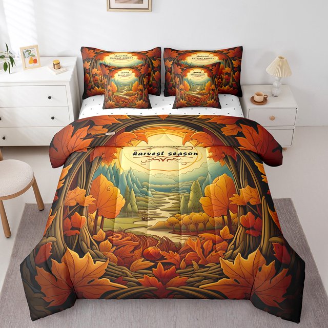 YST Ensemble de Douillette Complète Feuilles d'Automne 7 Pcs pour Enfants Filles Ensembles de Literie Saison des Récoltes, Ensemble de Lit Feuille d'Érable Vert Jungle Ensembles de Douillette de Literie Plante Botanique Ensemble de Lit, avec 2 Taies d'Oreiller