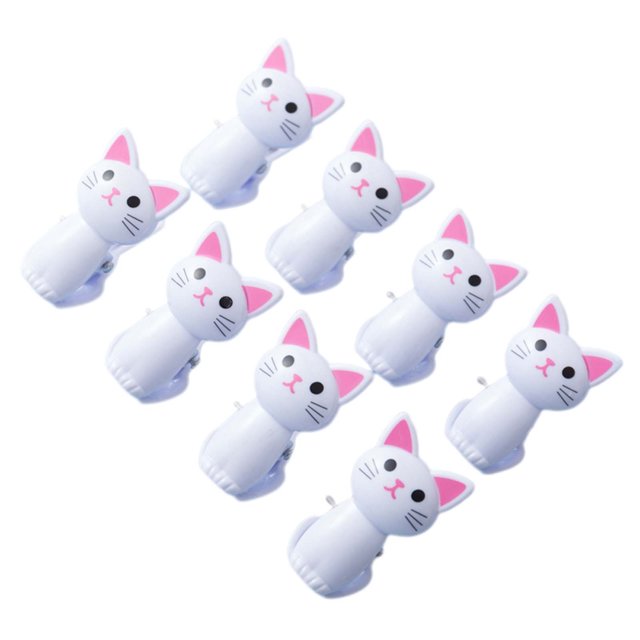 Food Clips for Bags 8pcs Kitchen Food Sealing Clips with a charming white cat design featuring pink ears and accents. These reusable plastic clips are perfect for kitchen organization, sealing snack bags, pasta packages, or securing office documents. Includes eight clips with a slide-to-open and snap-to-close mechanism for convenience.
