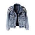thumbnail image 2 of Pincandy Veste en Jean pour Femme, Veste Courte en Denim Brodée à Rivets et Perles, 2 of 6