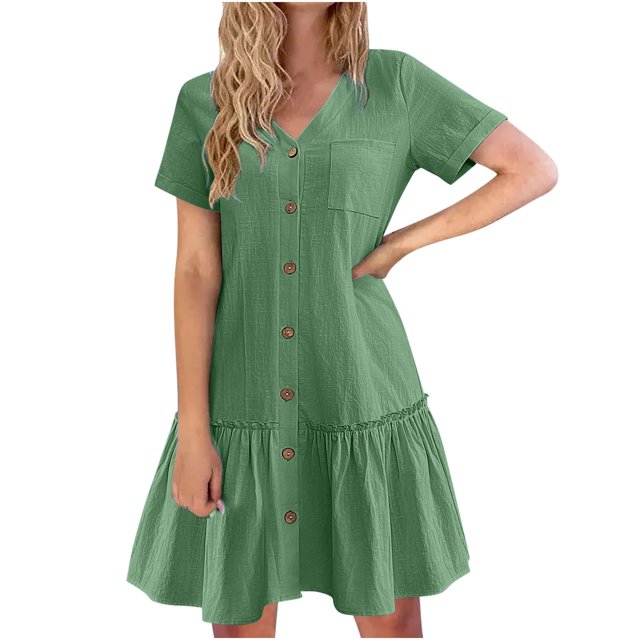 Jusqu'à 65 % de Rabais! Robes d'Été Mode pour Femmes 2024 Grande Taille Vacances Couleur Unie Manches Courtes Robe de Fête Plage