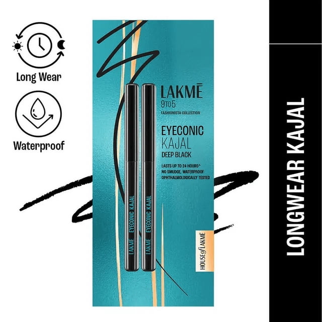 9 à 5 Eyeconic Kajal Format Double, Lot de 2 - Noir Profond. Ce Kajal Résistant aux Bavures et Imperméable Offre une Couleur Noir Profond et Dure jusqu'à 24 Heures. Testé Ophtalmologiquement pour une Utilisation Sécuritaire. l'Image Montre Deux Crayons Kajal avec un Emballage Noir Élégant, Présentés sur un Fond Sarcelle et Noir avec une Marque de Produit.