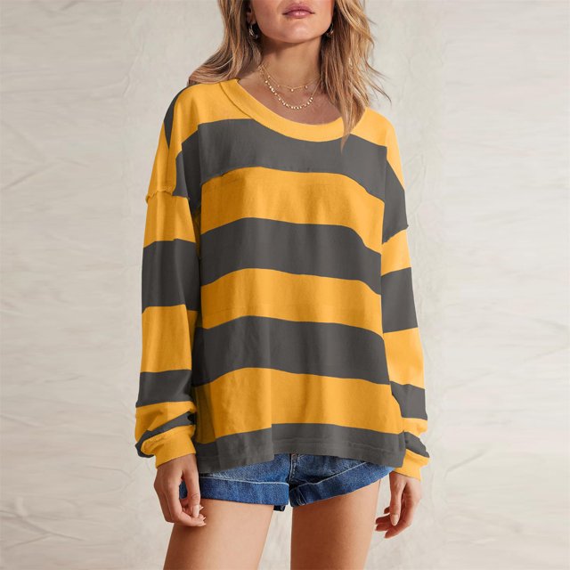 Styesk Chandails à Manches Longues pour Femmes, Chemise Tendance à Rayures, Tunique Ample à Col Rond, Chandail à Enfiler, Hauts Décontractés Patchwork, Chandail Doux et Léger