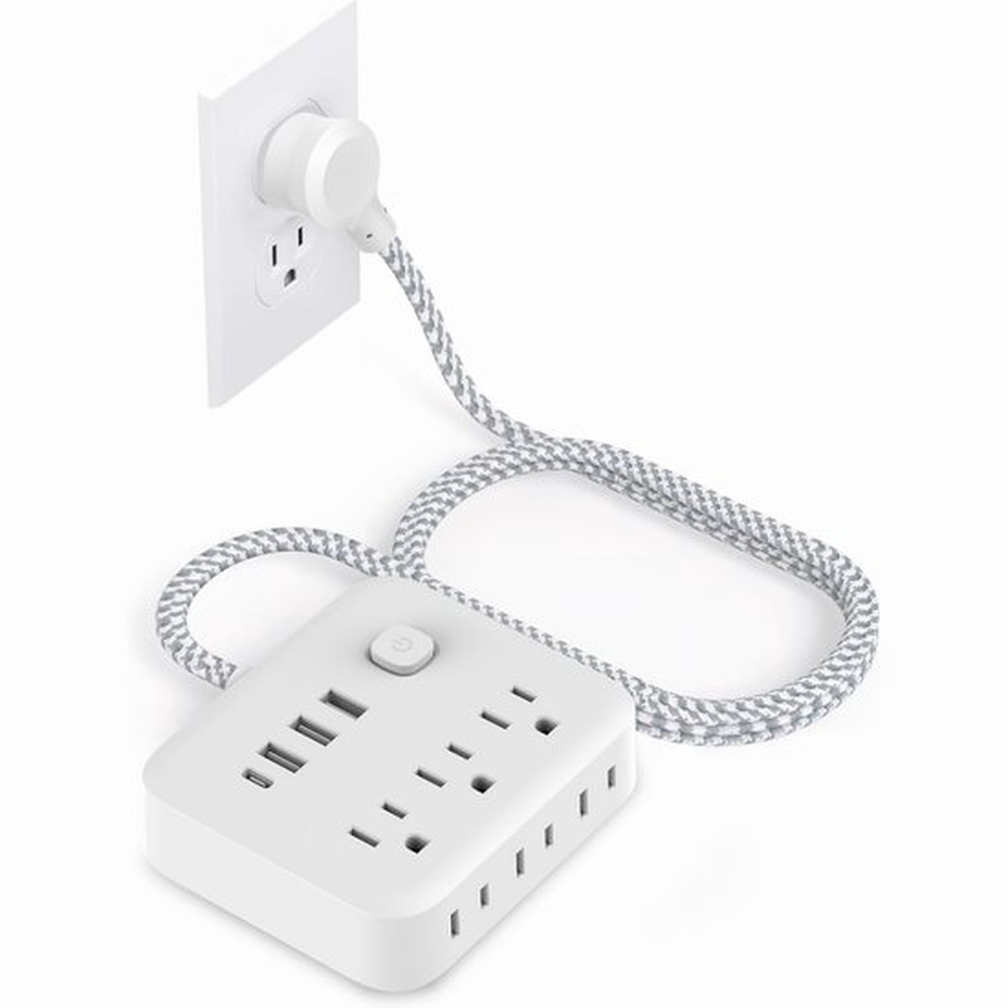 Intexca 10-in-1 Power Bar 6 Outlet Surge Protector with 3 USB-A Ports, 1 USB-C Port, Braided Extension Cord, Flat Plug