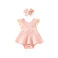 thumbnail image 1 of Faithtur Newborn Girl Romper Outfits, Sleeveless Lace Patchwork Solid Color Dress Style Romper + Cute Headband Set, 1 of 9