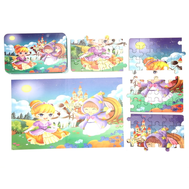Cergrey Jigsaw Puzzles Gift, a 60-piece children’s puzzle featuring an exquisite cartoon pattern. The puzzle pieces are made of fibreboard and paper, with a thickness of approximately 0.3 cm. The completed puzzle measures about 22 x 13 cm and showcases a vibrant, multicolour cartoon scene with characters in a fairytale setting, including a princess and a wizard. The set includes a finished product paper and an iron storage box for easy organization. Designed for children aged 36 months and older, it promotes hand-eye coordination, logical thinking, and digital cognition with numbered backs on the pieces.