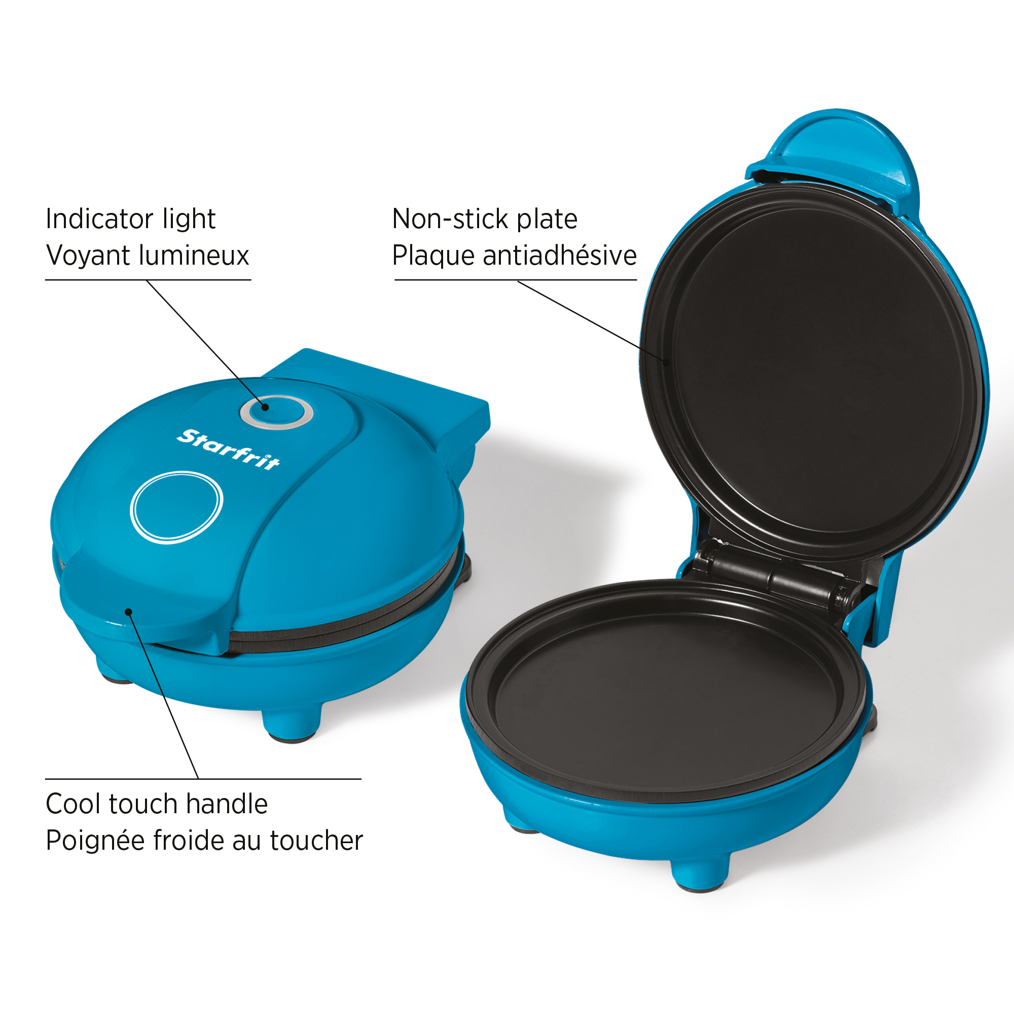 Starfrit Electric Mini Pancake Maker, 4" Non-Stick Cooking Surface, Easy to Use & Clean, Blue, 350 Watts