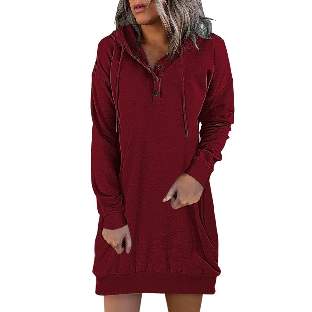 Robes pour Femmes Décontractées à Capuche Manches Longues Chandail en Molleton Boutonné Robe de Soleil à Cordon Vin S